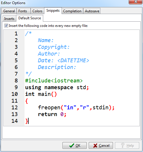 Dev c++在新建文件中插入文件头