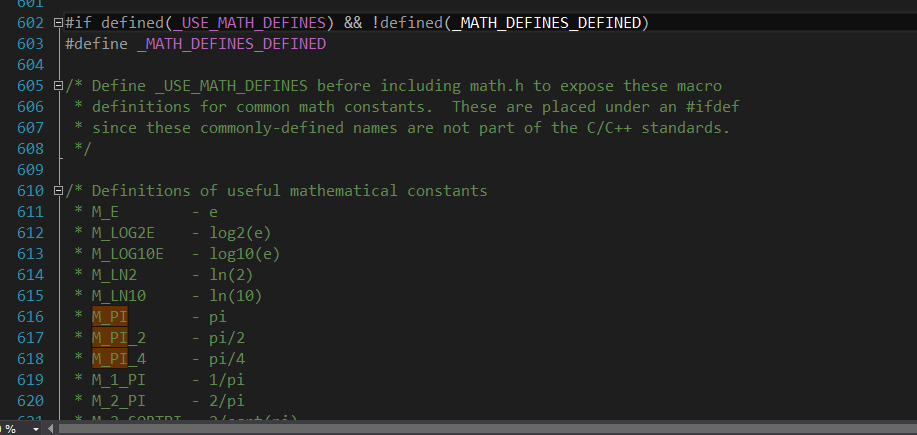 C/C++中如何使用match.h中的M_PI，M_E,M_LN,M_LOG等内置变量