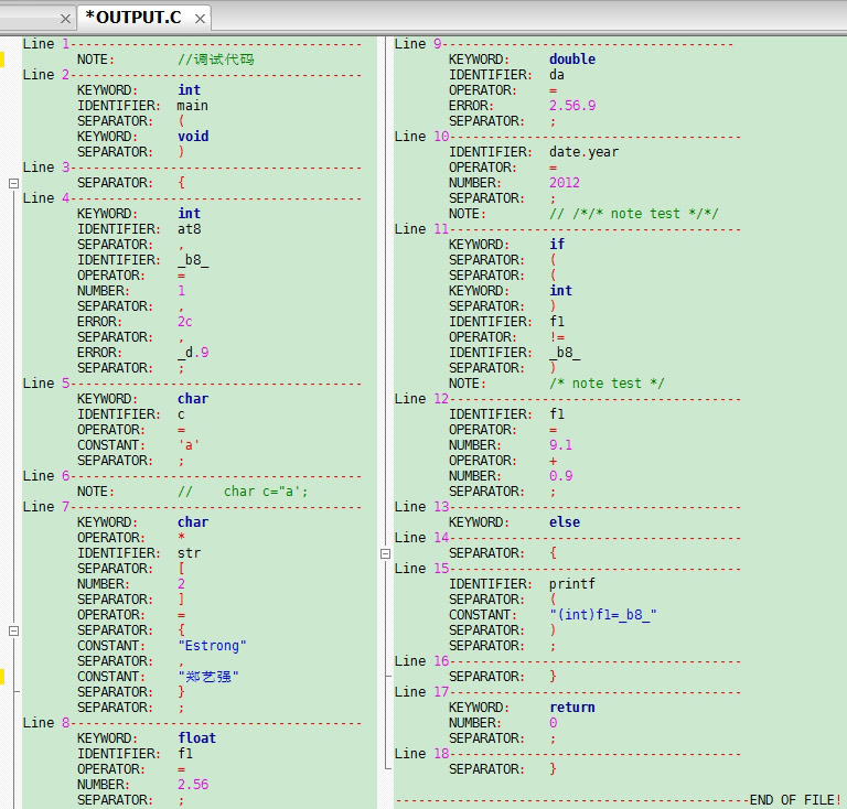编译原理-词法分析器(DFA,C语言描述,可分析C/C++词法)