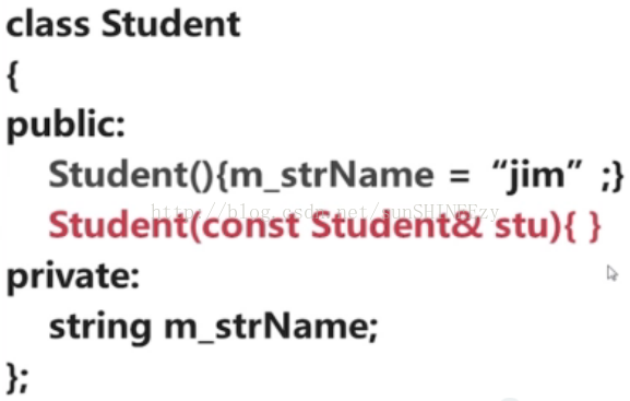 计算机生成了可选文字: class Student public: Student(){m_strName = jim ； } Student(const Student& Stu){ } private: Stri n g m_strName;