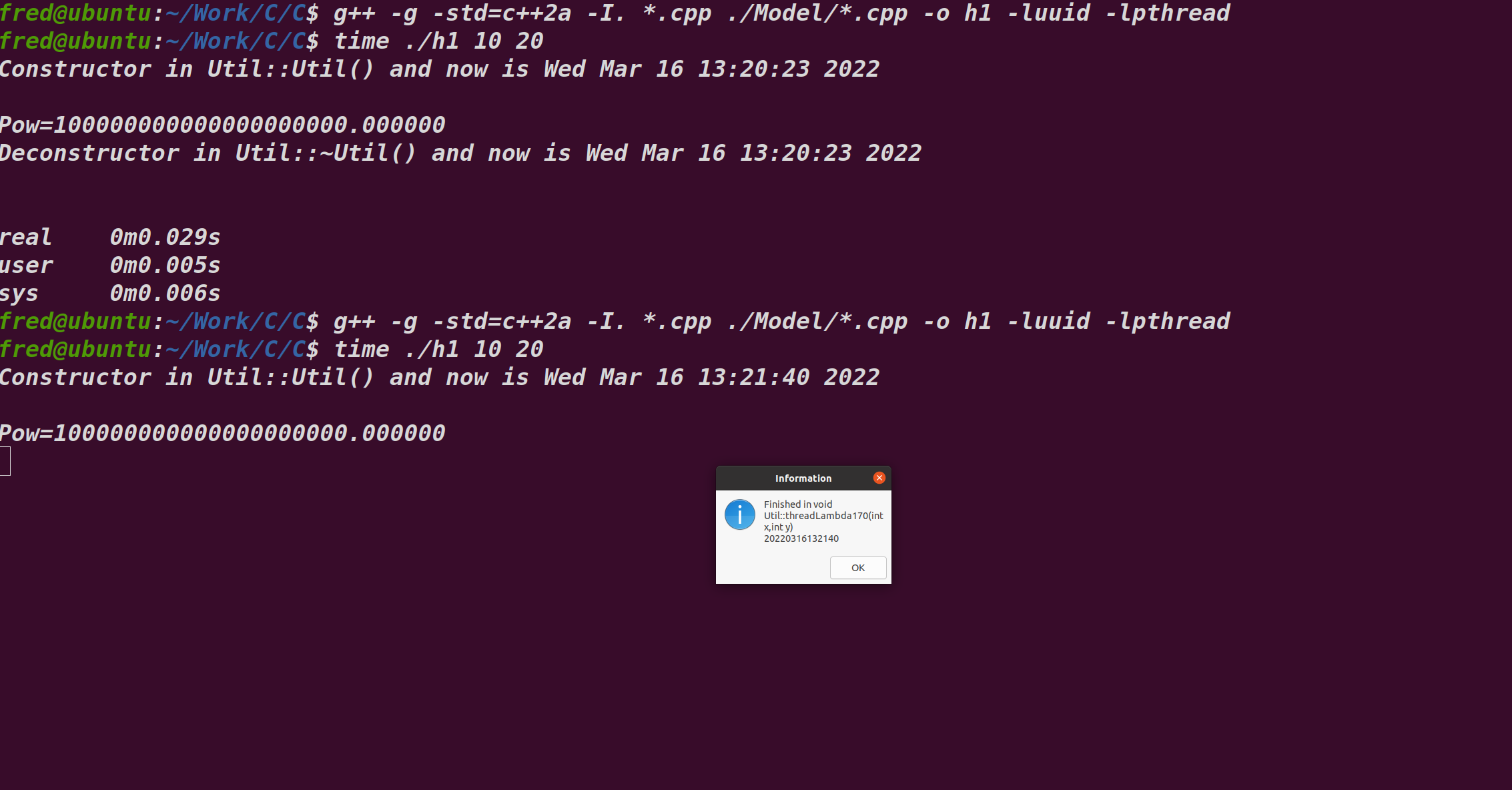 C++  in ubuntu pop up message via notify-send command . zenity command